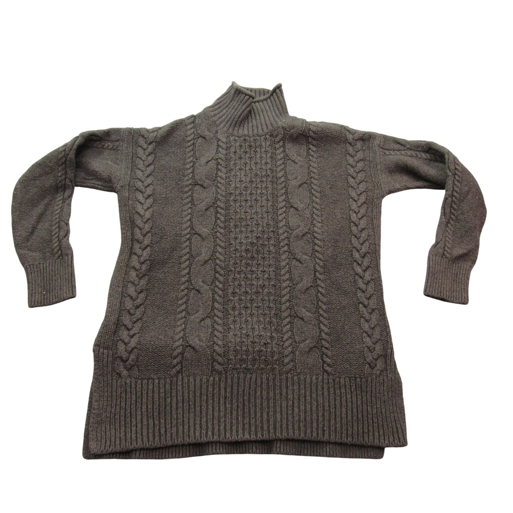 Loft Womens Small Olive Green Cable‎ Knit Mock Neck Sweater Side Slit Relaxed